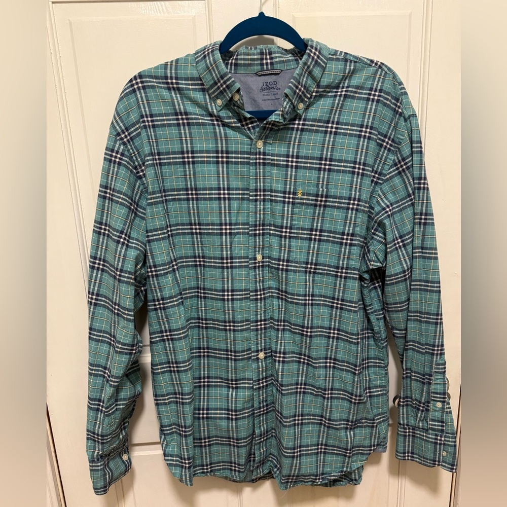 Izod Saltwater Blue and Green Plaid Shirt. Men’s Large